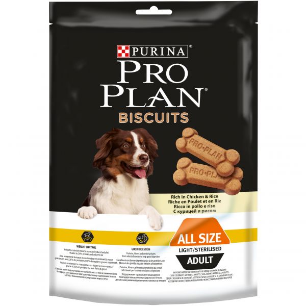 картинка Purina Pro Plan Biscuits для склонных к избыточному весу или стерилизованных собак, с курицей и рисом от ЗОО-магазина К-9
